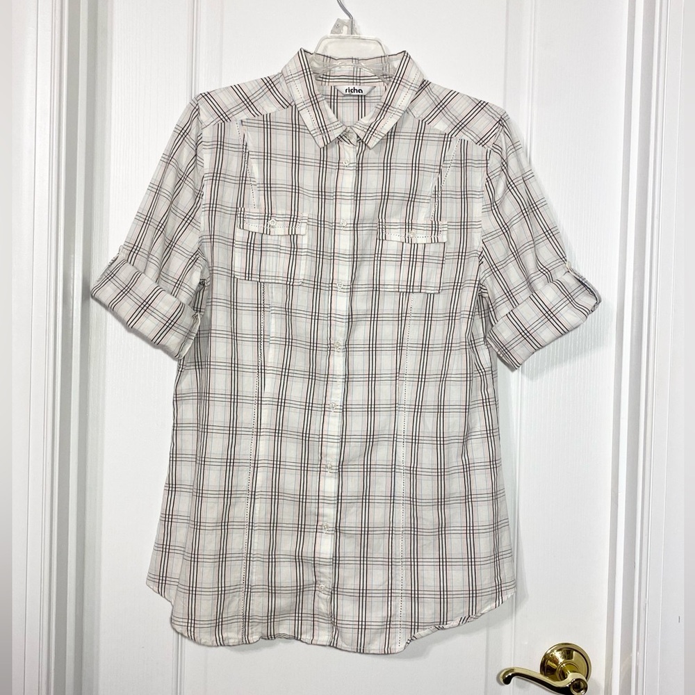 Y2K Richa Eyelet Detail Plaid Roll Tab 3/4 Sleeve Button Down Shirt White Medium